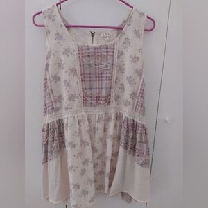 POL Floral & Plaid Sleeveless Boho Tunic - Cream and Mauve